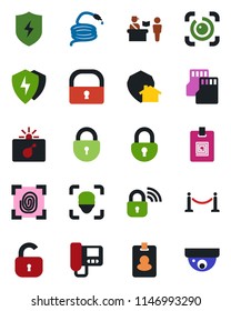 Color and black flat icon set - fence vector, passport control, bomb in case, lock, hose, protect, sd, face id, eye, identity card, fingerprint, wireless, intercome, home, pass, surveillance