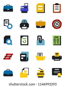 Color and black flat icon set - document vector, reload, stamp, clipboard, case, paper clip, news, folder, search, printer, tray, copier, contract, estate, certificate