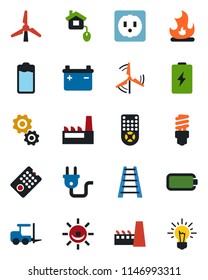 Color and black flat icon set - fork loader vector, ladder, fire, remote control, battery, windmill, factory, home, socket, power plug, energy saving bulb, alarm led, gear, idea