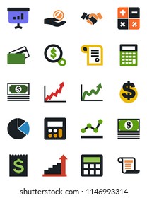 Color and black flat icon set - handshake vector, growth statistic, dollar sign, calculator, cash, receipt, pie graph, point, credit card, money search, investment, presentation, contract