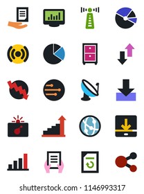 Color and black flat icon set - antenna vector, bomb in case, growth statistic, crisis graph, document, reload, satellite, network, data exchange, download, monitor statistics, bar, pie, archive box