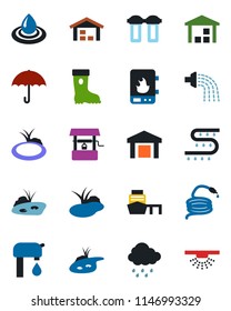 Color and black flat icon set - watering vector, boot, rain, well, hose, pond, drip irrigation, sea port, umbrella, warehouse, water supply, heater, filter, sprinkler
