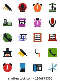 Color and black flat icon set - alarm clock vector, abacus, well, sickle, film frame, microphone, call, office phone, fireplace, rolling pin, fridge, windmill