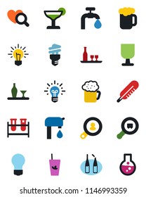 Color and black flat icon set - bulb vector, blood test vial, thermometer, heart diagnostic, ampoule, fragile, search cargo, water supply, client, alcohol, cocktail, phyto bar, beer, energy saving