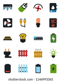 Color and black flat icon set - ripper vector, battery, low, rca, charge, heater, air conditioner, power plug, fan, water, radiator, warm floor, bulb, energy saving