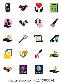 Color and black flat icon set - passport vector, ladder car, handshake, garden fork, farm, saw, heart hand, client, touch screen, contract, estate document, remote control, palm sproute, investment
