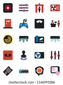 Color and black flat icon set - passport control vector, security gate, stamp, radar, scales, gamepad, settings, rec button, tuning, record, air conditioner, vip zone, remote, intercome, home app