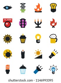 Color and black flat icon set - sun vector, bulb, fire, garden light, eye, traffic, torch, brightness, beer, candle, energy saving, outdoor lamp, alarm led, idea