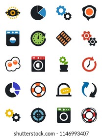 Color and black flat icon set - ticket office vector, circle chart, stamp, pills blister, update, eye id, pie graph, target, washer, flower in pot, omelette, gear, clock, crisis management