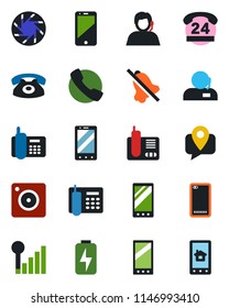 Color and black flat icon set - mobile phone vector, office, 24 hours, support, tracking, cell, radio, back, call, camera, mute, cellular signal, charge, home control app