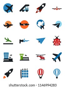 Color and black flat icon set - plane vector, arrival, ladder car, boarding, helicopter, seat map, globe, airport building, lady bug, rocket, paper, air balloon
