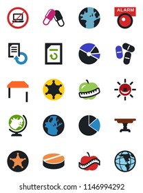 Color and black flat icon set - no laptop vector, globe, document reload, pills, diet, earth, pie graph, table, police, alarm led