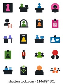 Color and black flat icon set - female vector, reception, manager, identity card, place, patient, user, desk, estate agent, pass, group
