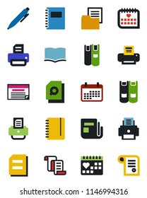 Color and black flat icon set - contract vector, book, pen, notepad, document, printer, medical calendar, folder, news, copybook, search, schedule