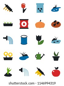Color and black flat icon set - seedling vector, watering can, sproute, pumpkin, seeds, pond, tulip, oil barrel, flower in pot, rolling pin, apple fruit