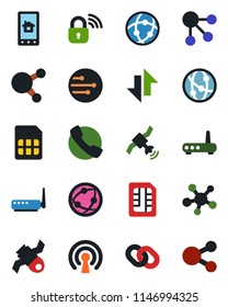 Color and black flat icon set - satellite vector, network, share, chain, call, sim, data exchange, wireless lock, router, home control app, social media