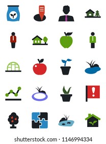 Color and black flat icon set - manager vector, seedling, plant label, greenhouse, pond, fertilizer, important flag, application, point graph, house with tree, fruit, estate agent, apple, eco