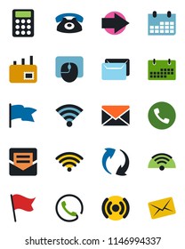 Color and black flat icon set - phone vector, right arrow, mail, mouse, calendar, update, wireless, calculator, flag