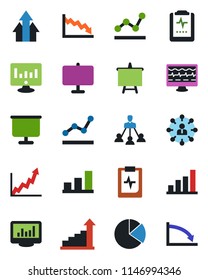 Color and black flat icon set - growth statistic vector, hierarchy, presentation board, monitor, pulse, clipboard, statistics, bar graph, pie, point, arrow up, crisis