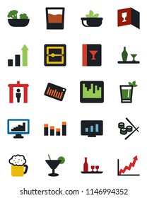 Color and black flat icon set - security gate vector, growth statistic, monitor, barcode, equalizer, scanner, statistics, alcohol, wine card, drink, cocktail, phyto bar, beer, salad, sushi, graph