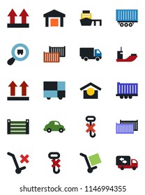 Color and black flat icon set - sea shipping vector, truck trailer, cargo container, car delivery, port, consolidated, warehouse storage, up side sign, no trolley, hook, search, moving