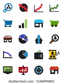 Color and black flat icon set - shop vector, growth statistic, crisis graph, store, monitor statistics, pie, hr, target, consumer search, arrow up, wallet, cart, presentation, storefront
