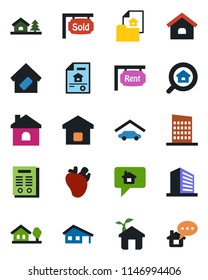 Color and black flat icon set - office building vector, house, real heart, contract, with garage, tree, estate document, rent, sold signboard, search, smart home, city, eco, message