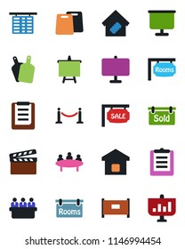 Color and black flat icon set - fence vector, flight table, presentation board, meeting, clipboard, clapboard, sale, rooms, sold signboard, smart home, cutting