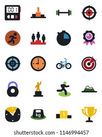 Color and black flat icon set - pedestal vector, medal, barbell, bike, run, heavy, clock, stopwatch, target, mountains, award cup