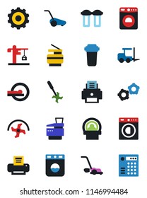 Color and black flat icon set - washer vector, fork loader, gear, ripper, lawn mower, tomography, printer, copier, crane, water filter, combination lock