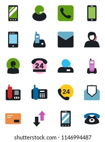 Color and black flat icon set - mobile phone vector, office, 24 hours, support, cell, radio, mail, call, data exchange