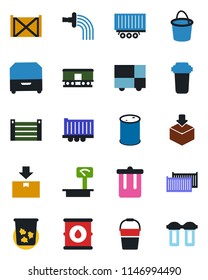 Color and black flat icon set - trash bin vector, bucket, watering, truck trailer, cargo container, consolidated, package, oil barrel, heavy scales, railroad, archive box, water filter