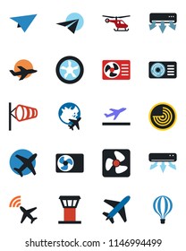 Color and black flat icon set - plane vector, airport tower, radar, departure, wind, helicopter, globe, air conditioner, fan, paper, balloon