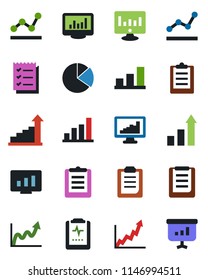 Color and black flat icon set - growth statistic vector, monitor, pulse clipboard, statistics, bar graph, pie, checklist, point, presentation