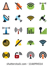Color and black flat icon set - antenna vector, border cone, radar, satellite, equalizer, wireless, mute, cellular signal, lock