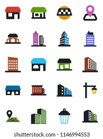 Color and black flat icon set - taxi vector, shop, office building, garden light, navigation, store, city house, cafe, storefront