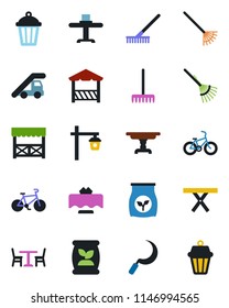 Color and black flat icon set - cafe vector, ladder car, rake, sickle, garden light, picnic table, fertilizer, bike, restaurant, alcove, outdoor lamp