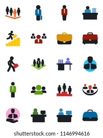 Color and black flat icon set - manager vector, pedestal, team, place, client, case, company, desk, career ladder, group