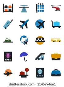 Color and black flat icon set - plane vector, runway, taxi, suitcase, baggage trolley, airport bus, umbrella, passport, ladder car, helicopter, seat map, luggage storage, scales, globe, mountains