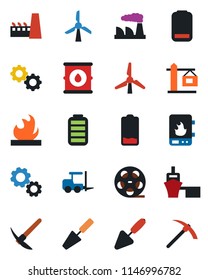 Color and black flat icon set - fork loader vector, factory, trowel, sea port, flammable, oil barrel, reel, battery, low, windmill, crane, water heater, gear, hard work