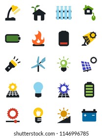 Color and black flat icon set - bulb vector, fire, battery, low, torch, brightness, desk lamp, sun panel, home control, eco house, radiator, windmill