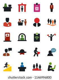 Color and black flat icon set - dispatcher vector, passport control, security gate, reception, medical room, manager, speaking man, pedestal, team, place, doctor, speaker, identity card, dress code
