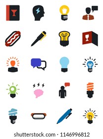 Color and black flat icon set - speaking man vector, pen, brainstorm, bulb, dialog, wine card, hot dog, energy saving, shining head, idea