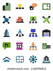 Color and black flat icon set - hierarchy vector, well, molecule, hospital, office building, garage, plan, home message