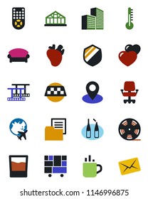 Color and black flat icon set - taxi vector, hot cup, waiting area, plane globe, greenhouse, ampoule, real heart, pin, consolidated cargo, folder document, shield, film frame, reel, remote control