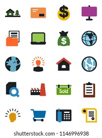 Color and black flat icon set - dollar sign vector, money bag, earth, network, mail, clipboard, presentation board, document folder, search, office phone, notebook pc, house, with tree, factory