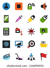 Color and black flat icon set - lawn mower vector, syringe, route, speaker, stop button, rca, mobile, user, fingerprint id, monitor statistics, document folder, calculator, hierarchy, pencil, flag