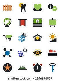 Color and black flat icon set - baggage conveyor vector, globe, presentation board, fence, wheelbarrow, heart, molecule, pills, caries, warehouse storage, alarm, brightness, eye id, sun panel, cash