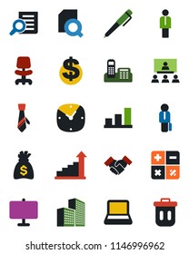 Color and black flat icon set - manager vector, growth statistic, office chair, dollar sign, calculator, document search, money bag, clock, presentation board, building, bar graph, phone, tie, pen