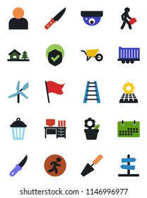 Color and black flat icon set - desk vector, flower in pot, trowel, ladder, wheelbarrow, garden knife, light, run, truck trailer, shield, user, calendar, manager, house with tree, sun panel, flag